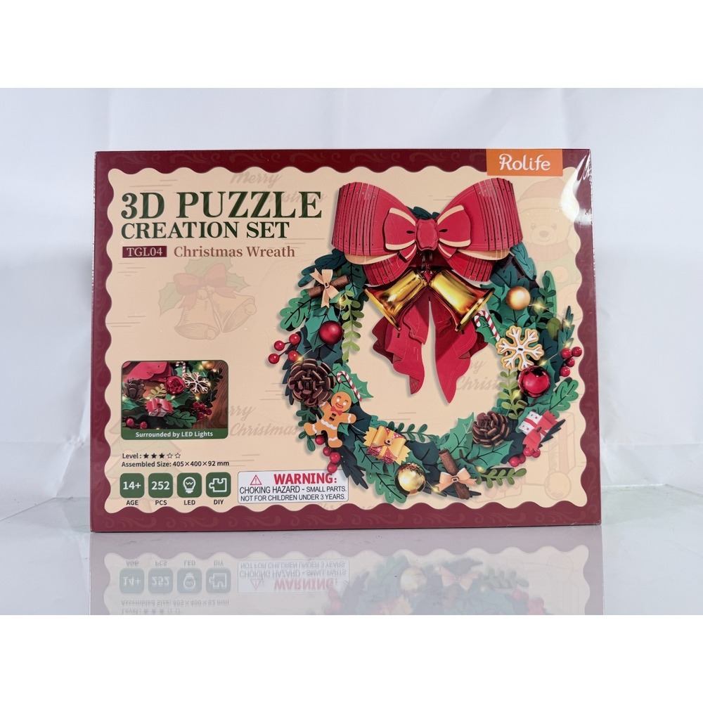 Rolife Christmas Wreath 3D Wooden 252 Pc Puzzle DIY Holiday Decor‎ LED Light Up